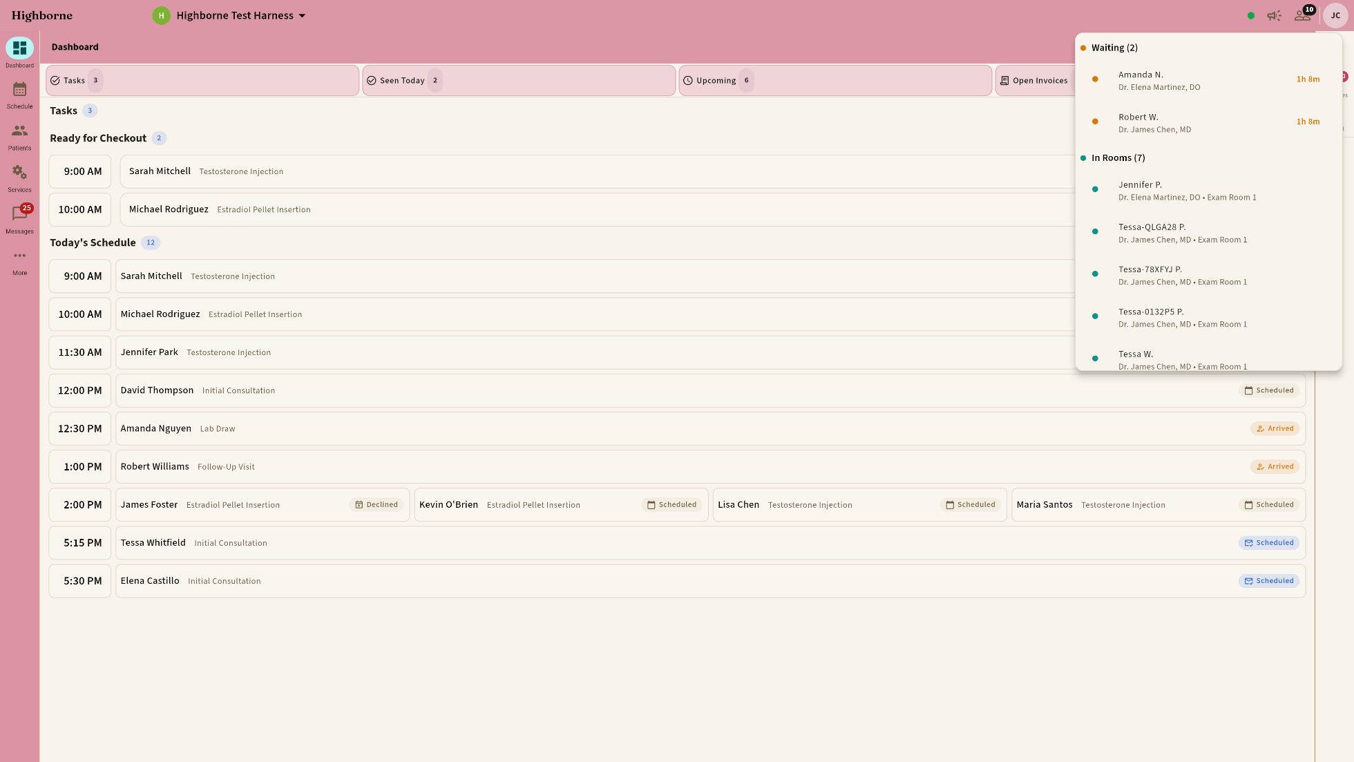 Clinic status popup over the dashboard: Waiting, In Rooms with occupants, Checkout with balance, Providers