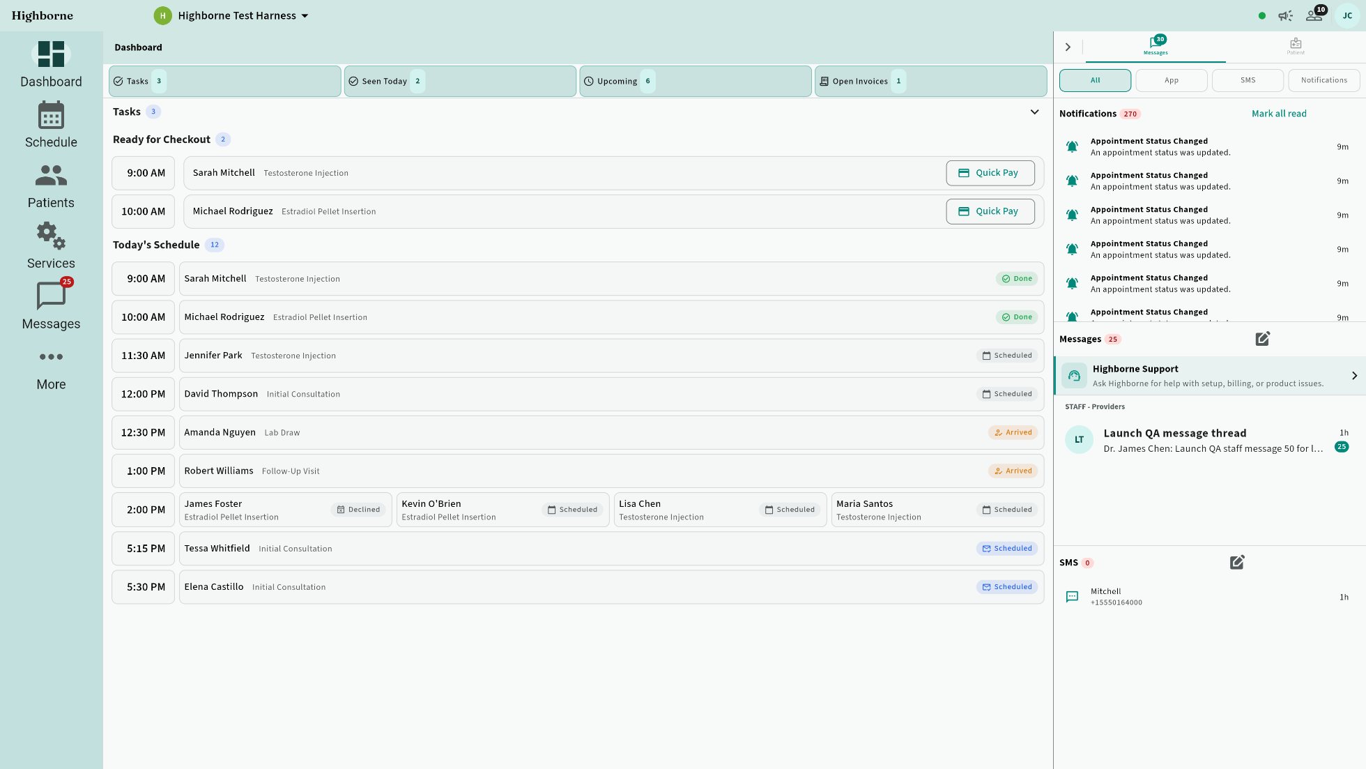 Highborne owner dashboard with the navigation expanded and the Messages rail widened